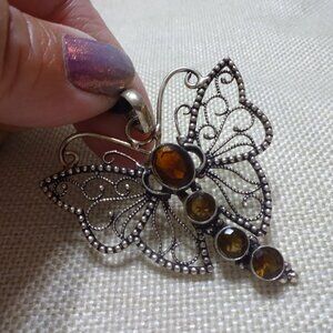 Whimsical BUTTERFLY with AMBER & CITRINE Handmade Silver Pendant/Cord #241C